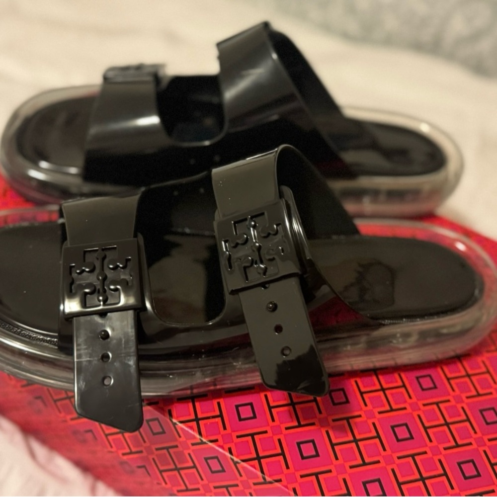 Tory Burch Black Slide Sandals with Logo Detail